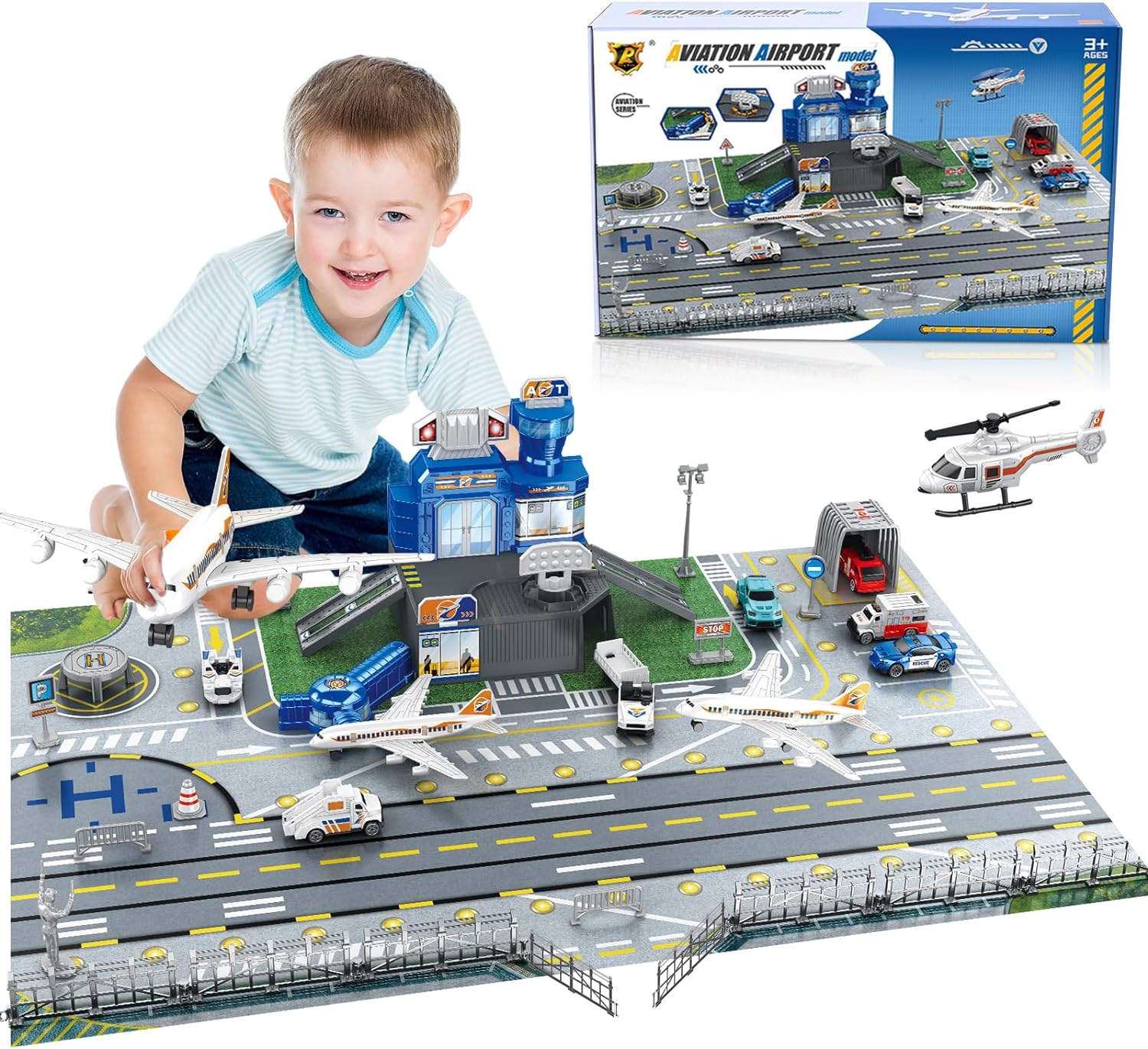 Model Airplane Plastic - مجموعة ألعاب مطار للأطفال مع سيارة،